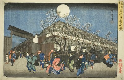 Cerezos en flor por la noche en Nakanocho en Yoshiwara (Yoshiwara Nakanocho yozakura), de la serie "Lugares famosos de la capital oriental (Toto meisho)" de Utagawa Hiroshige