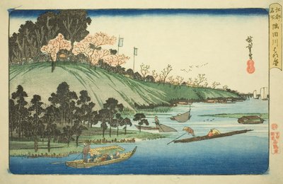 Cerezos en flor a lo largo del río Sumida (Sumidagawa hanazakari), de la serie "Lugares famosos en Edo (Koto meisho)" de Utagawa Hiroshige