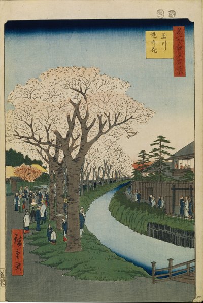 Flores de cerezo en las orillas del río Tama Cien Vistas Famosas de Edo, 1856-1858 de Utagawa Hiroshige