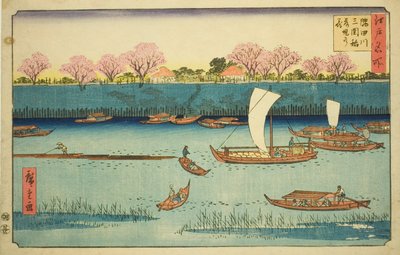 Cerezos a lo largo del terraplén del río Sumida en el santuario Mimeguri Inari (Sumidagawa Mimeguri Inari tsutsumi no hana), de la serie "Lugares famosos en Edo (Edo meisho)" de Utagawa Hiroshige
