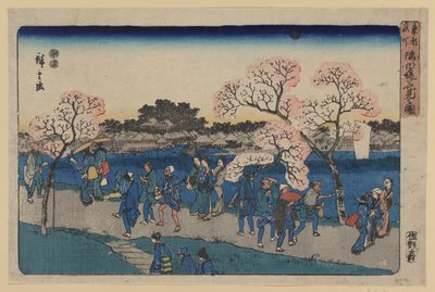 Cerezos en flor a lo largo del río Sumida. Sumida tsutsumi hanami no zu de Utagawa Hiroshige