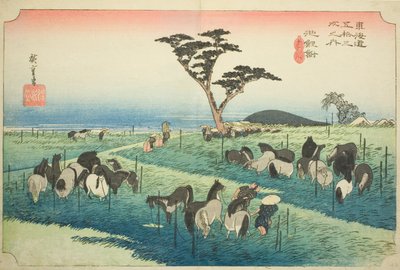 Chiryu: Mercado de caballos de principios de verano (Chiryu, shuka uma ichi), de la serie "Cincuenta y tres estaciones del Tokaido (Tokaido gojusan tsugi no uchi)," también conocida como el Tokaido de Hoeido de Utagawa Hiroshige