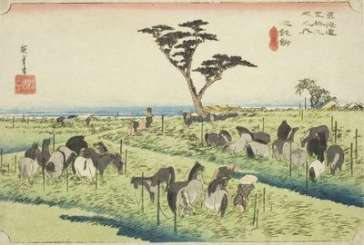 Chiryu: Mercado de caballos de principios de verano, de la serie "Cincuenta y tres estaciones del Tokaido," también conocida como el Hoeido Tokaido de Utagawa Hiroshige