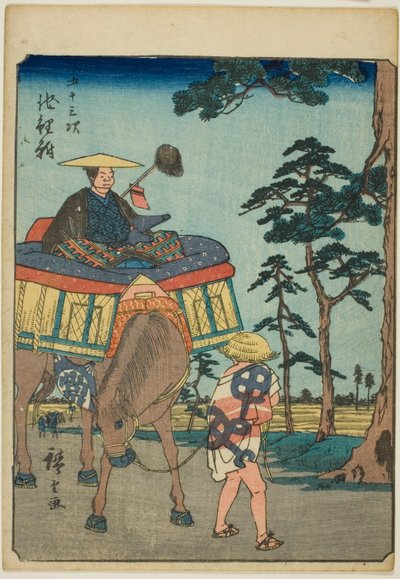 Chiryu, de la serie "Cincuenta y tres estaciones [del Tokaido] (Gojusan tsugi)," también conocida como el Tokaido de figuras (Jinbutsu Tokaido) de Utagawa Hiroshige