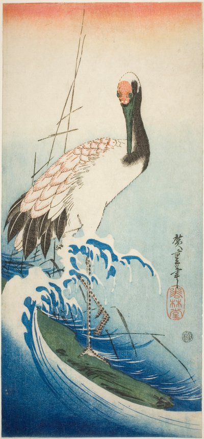 Grulla y olas de Utagawa Hiroshige