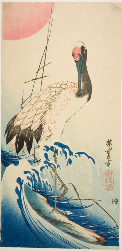 Grulla, olas y sol naciente de Utagawa Hiroshige