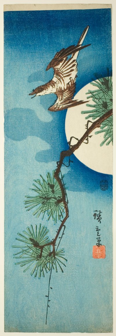 Cuco, rama de pino y luna llena de Utagawa Hiroshige