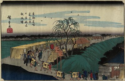 Amanecer en la colina Emonzaka en Nihon-zutsumi Bank, Shin-Yoshiwara, c. 1830 de Utagawa Hiroshige