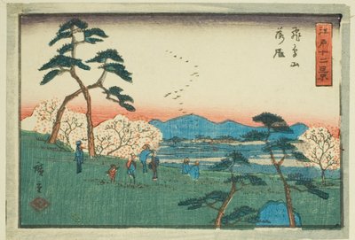 Gansos descendiendo en la colina Asuka (Asukayama rakugan), de la serie "Doce vistas de Edo (Edo juni kei)" de Utagawa Hiroshige