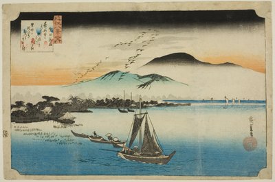 Gansos Descendiendo en Katada (Katada rakugan), de la serie "Ocho Vistas de Omi (Omi hakkei no uchi)" de Utagawa Hiroshige