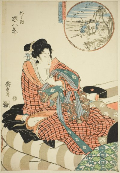 Gansos Descendiendo en los Campos de Arroz (Tanbo no rakugan) y Campana Vespertina de la Mañana Siguiente (Kinuginu no bansho), de la serie "Ocho Vistas de Figuras Dentro y Fuera (Soto to uchi sugata hakkei)" de Utagawa Hiroshige