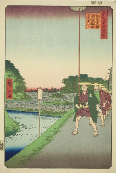 Vista distante del embalse de Akasaka desde la pendiente de Kinokuni, de la serie "Cien vistas famosas de Edo" de Utagawa Hiroshige