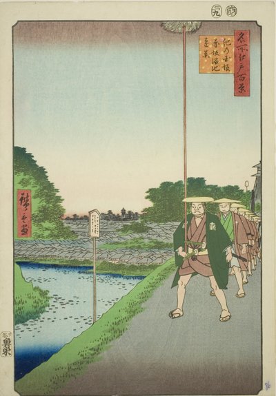 Vista Lejana del Embalse de Akasaka desde la Cuesta de Kinokuni (Kinokunizaka Akasaka Tameike enkei), de la serie "Cien Vistas Famosas de Edo (Meisho Edo hyakkei)" de Utagawa Hiroshige