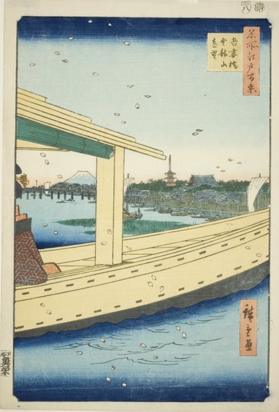 Vista lejana del puente Azuma y el templo Kinryuzan (Azumabashi Kinryuzan enbo), de la serie "Cien vistas famosas de Edo (Meisho Edo hyakkei)" de Utagawa Hiroshige