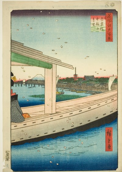 Vista lejana del puente Azuma y el templo Kinryuzan (Azumabashi Kinryuzan enbo), de la serie "Cien vistas famosas de Edo (Meisho Edo hyakkei)" de Utagawa Hiroshige