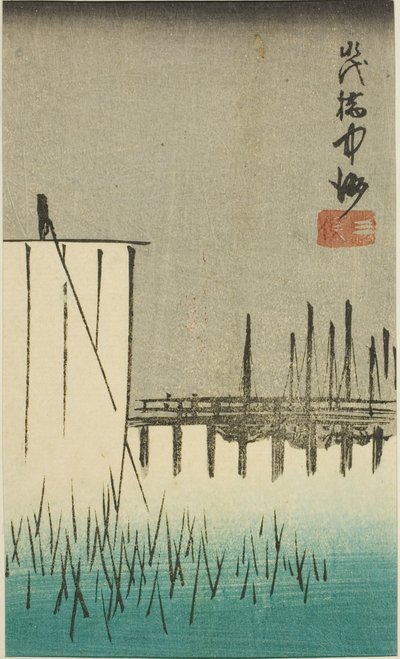 Puente Eitai, Nakasu y Mitsumata (Eitaibashi Nakasu Mitsumata), sección de una hoja de la serie "Recortes de lugares famosos en Edo (Harimaze Koto meisho)" de Utagawa Hiroshige
