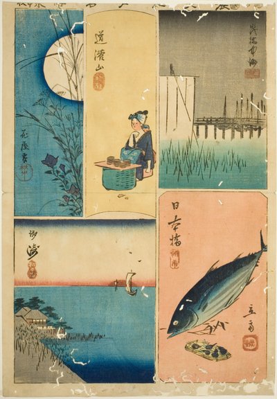 Puente Eitai, Puente Nihon, Susaki, Jardín de flores y Colina Dokan, de la serie "Recortes de lugares famosos en Edo (Harimaze Koto meisho)" de Utagawa Hiroshige