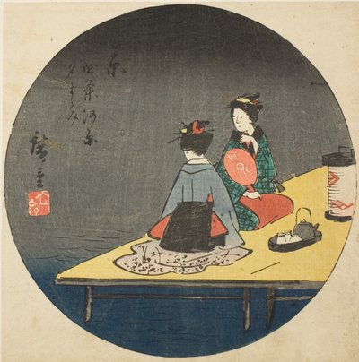 Disfrutando del fresco de la tarde en la ribera del río en Shijo en Kioto (Kyo Shijogawara yusuzumi), sección de la hoja no. 14 de la serie "Recortes para las cincuenta y tres estaciones (Gojusan tsugi harimaze)" de Utagawa Hiroshige