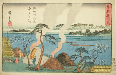 Resplandor vespertino en Imado, Ocho vistas del río Sumida (Sumidagawa hakkei, Imado sekisho), de la serie "Lugares famosos en la capital oriental (Toto meisho no uchi)" de Utagawa Hiroshige