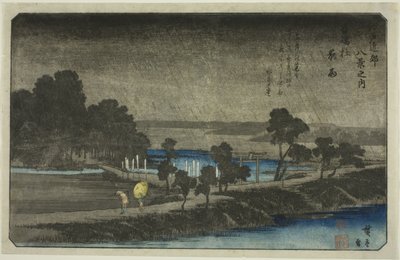 Lluvia vespertina en el Santuario Azuma (Azuma no mori yau), de la serie "Ocho vistas en los alrededores de Edo (Edo Kinko hakkei no uchi)" de Utagawa Hiroshige