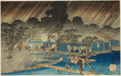 Lluvia vespertina en la orilla del río Tadasu (Tadasugawara no yudachi), de la serie "Lugares famosos en Kioto (Kyoto meisho no uchi)" de Utagawa Hiroshige