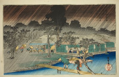 Lluvia Vespertina en la Orilla del Río Tadasu (Tadasugawara no yudachi), de la serie "Lugares Famosos en Kioto (Kyoto meisho no uchi)" de Utagawa Hiroshige