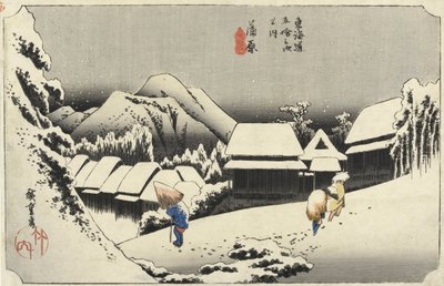 Nieve vespertina en Kambara, No.16 de Las 53 estaciones del Tokaido, pub. por Hoeido, 1833 de Utagawa Hiroshige