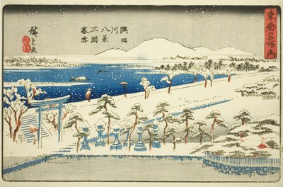 Nieve vespertina en Mimeguri, Ocho vistas del río Sumida (Sumidagawa hakkei, Mimeguri bosetsu), de la serie "Lugares famosos de la capital oriental (Toto meisho no uchi)" de Utagawa Hiroshige