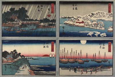Nieve vespertina en Shinobazu, luna de otoño en Takanawa, amanecer en Susaki, lluvia nocturna en el río Sumida, 1843-1847 de Utagawa Hiroshige