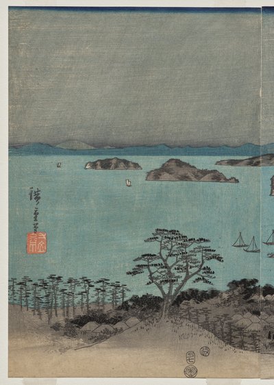 Vista nocturna de los ocho lugares famosos cerca de Kanazawa bajo la luna llena en la provincia de Musashi de Utagawa Hiroshige