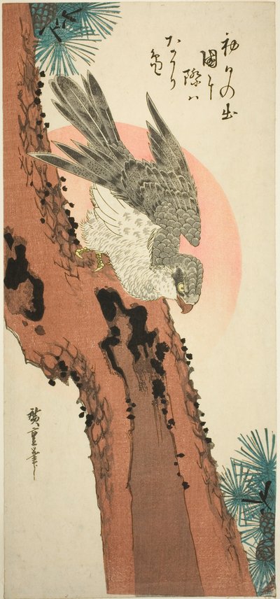 Halcón en un pino con el sol naciente de Utagawa Hiroshige