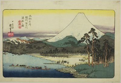 Botes de Ferry Cruzando el Río Fuji en la Provincia de Suruga (Sunshu Fujikawa watashibune no zu), de la serie "Lugares Famosos de Japón (Honcho meisho)" de Utagawa Hiroshige
