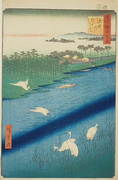 Cruce de transbordadores en Sakasai (Sakasai no watashi), nº 67 de la serie "Cien vistas famosas de Edo (Meisho Edo hyakkei)". de Utagawa Hiroshige