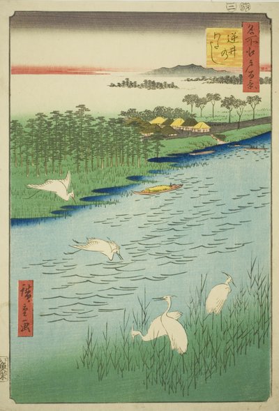 Cruce de Ferry en Sakasai (Sakasai no watashi), de la serie "Cien Vistas Famosas de Edo (Meisho Edo hyakkei)" de Utagawa Hiroshige