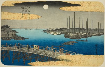 Barcos de Pesca cerca del Puente Eitai en la Bahía de Tsukuda (Eitaibashi Tsukuda oki isaribune), de la serie "Lugares Famosos en Edo (Edo meisho no uchi)" de Utagawa Hiroshige