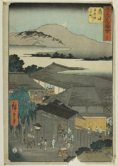 Fuchu: Miroku nichome, Abekawa (Fuchu, Abekawa Miroku nichome), nº 20 de la serie "Lugares famosos de las Cincuenta y Tres Estaciones (Gojusan tsugi meisho zue)", también conocida como Tokaido Vertical. de Utagawa Hiroshige