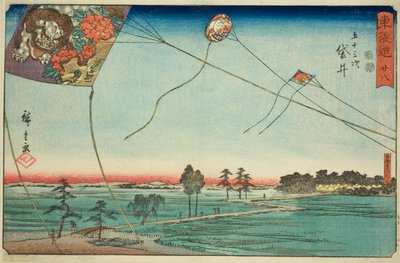 Fukuroi: Cometas famosas de Enshu (Fukuroi, meibutsu Enshu dako)—No. 28, de la serie "Cincuenta y tres estaciones del Tokaido (Tokaido gojusan tsugi)," también conocida como el Reisho Tokaido de Utagawa Hiroshige