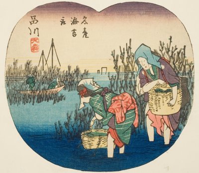 Recolectando algas en Omori en Shinagawa (Shinagawa, Omori, meisan nori tori), sección de la hoja no. 1 de la serie "Imágenes recortadas del camino Tokaido (Tokaido harimaze zue)" de Utagawa Hiroshige