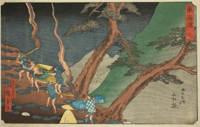 Hakone: Viajando con antorchas de pino en la noche (Hakone, yonaka taimatsu tori)—No. 11, de la serie "Cincuenta y tres estaciones del Tokaido (Tokaido gojusan tsugi)," también conocida como el Reisho Tokaido de Utagawa Hiroshige