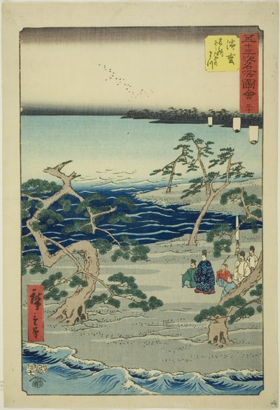 Hamamatsu: Los Famosos Pinos Murmurantes (Hamamatsu, meisho zazanza no matsu), no. 30 de la serie "Lugares Famosos de las Cincuenta y Tres Estaciones (Gojusan tsugi meisho zue)," también conocido como el Tokaido Vertical de Utagawa Hiroshige