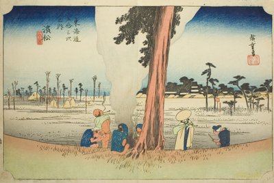 Hamamatsu: Escena de Invierno (Hamamatsu, fuyugare no zu), de la serie "Cincuenta y Tres Estaciones del Tokaido (Tokaido gojusan tsugi no uchi)," también conocida como el Tokaido de Hoeido de Utagawa Hiroshige