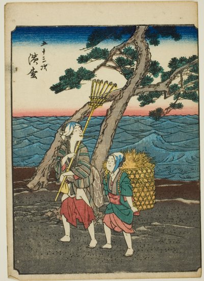 Hamamatsu, de la serie "Cincuenta y tres Estaciones [del Tokaido] (Gojusan tsugi)," también conocida como el Tokaido de Figuras (Jinbutsu Tokaido) de Utagawa Hiroshige