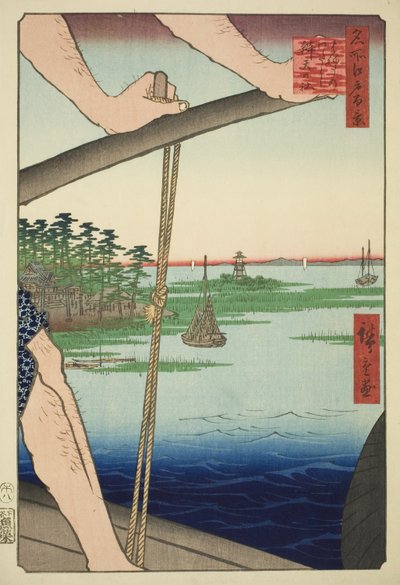 Ferry de Haneda y Santuario Benten (Haneda no watashi Benten no yashiro), de la serie "Cien Vistas Famosas de Edo (Meisho Edo hyakkei)" de Utagawa Hiroshige