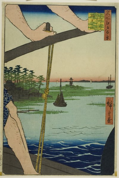 Ferry de Haneda y santuario de Benten (Haneda no watashi Benten no yashiro), de la serie "Cien vistas famosas de Edo (Meisho Edo hyakkei)" de Utagawa Hiroshige