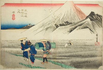 Hara: Monte Fuji en la mañana (Hara, asa no Fuji), de la serie "Cincuenta y tres estaciones del camino de Tokaido (Tokaido gojusan tsugi no uchi)", también conocida como el Tokaido de Hoeido de Utagawa Hiroshige