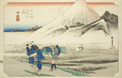 Hara: Monte Fuji en la mañana (Hara, asa no Fuji), de la serie "Cincuenta y tres estaciones del Camino Tokaido (Tokaido gojusan tsugi no uchi)," también conocida como el Tokaido de Hoeido de Utagawa Hiroshige