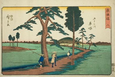 Hiratsuka-Nº 8, de la serie "Cincuenta y tres estaciones del Tokaido (Tokaido gojusan tsugi)", también conocida como Reisho Tokaido de Utagawa Hiroshige