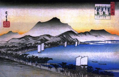 Hiroshige Un camino junto a un lago con algunas barcas de Utagawa Hiroshige