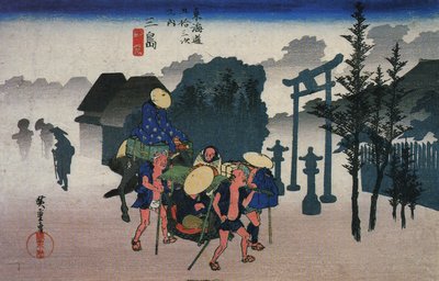 Hiroshige, Viajeros pasando por un santuario en la niebla de Utagawa Hiroshige