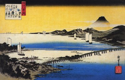 Hiroshige Vista de un largo puente sobre un lago de Utagawa Hiroshige